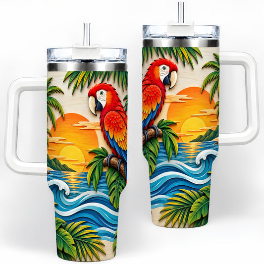 Macaw Beach Sunset Tumbler, 40oz Tropical Drinkware for Bird Lovers