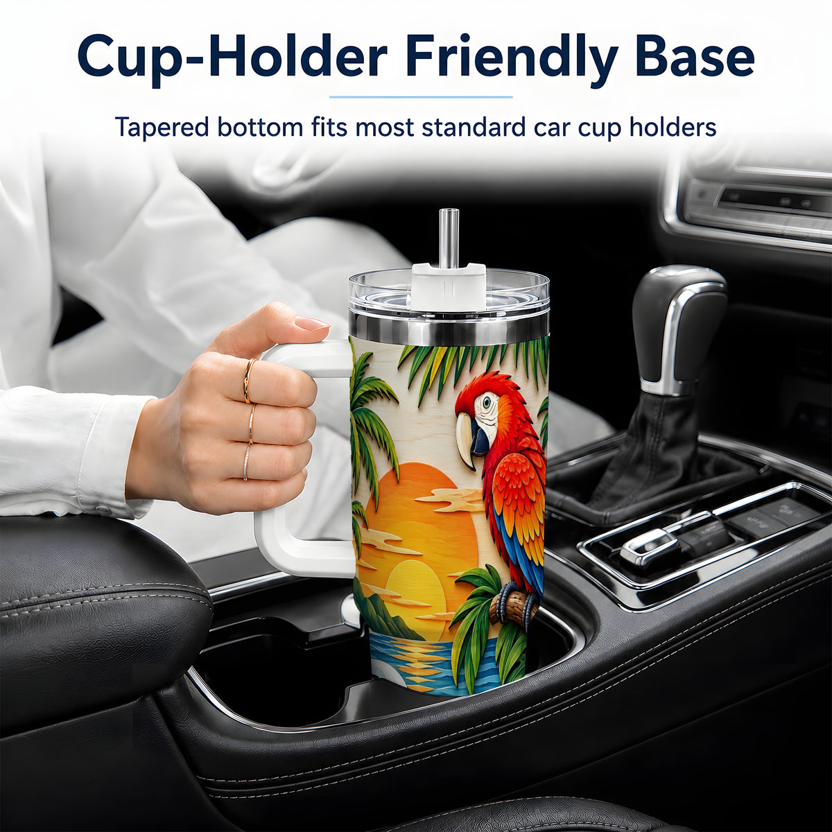 Macaw Beach Sunset Tumbler, 40oz Tropical Drinkware for Bird Lovers