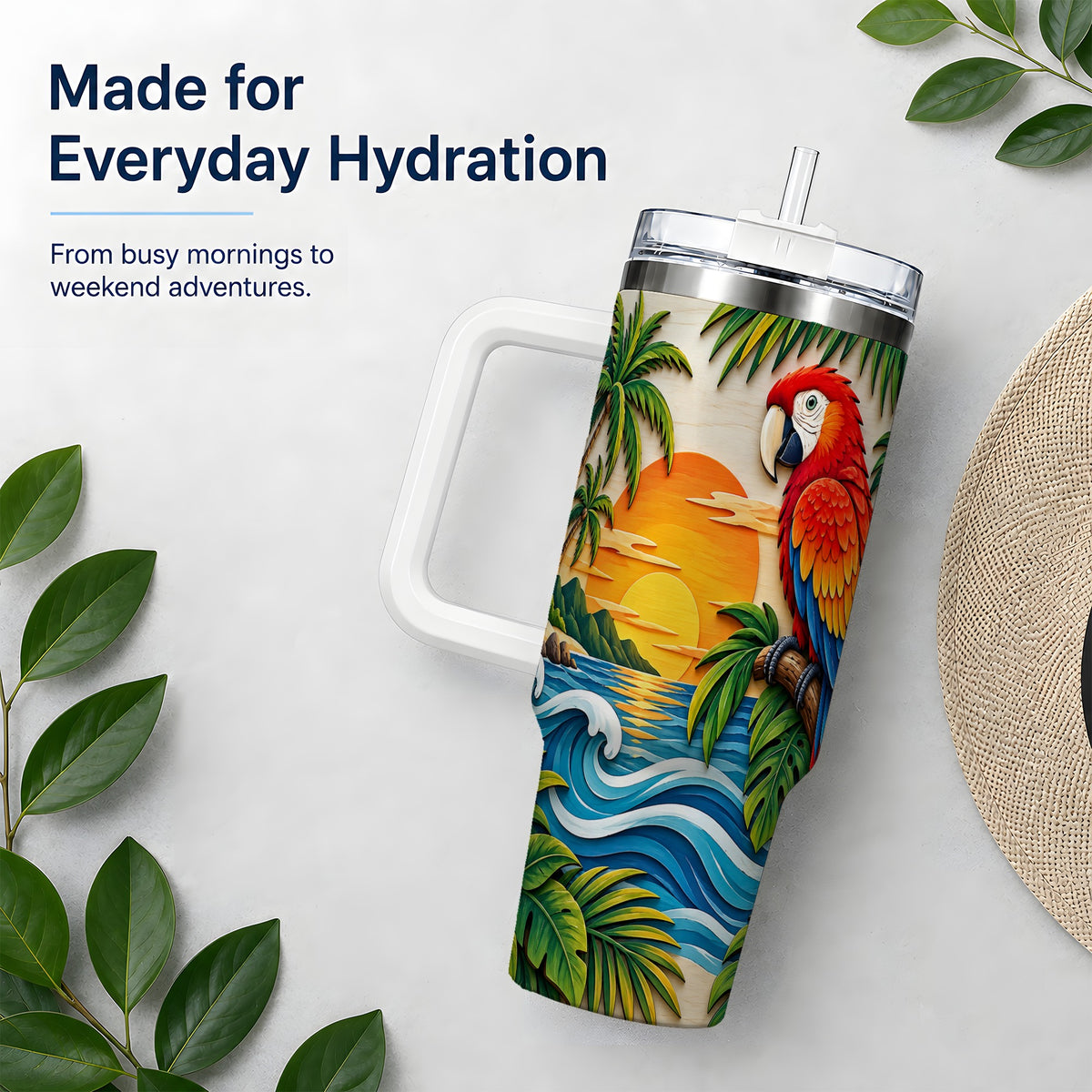 Macaw Beach Sunset Tumbler, 40oz Tropical Drinkware for Bird Lovers