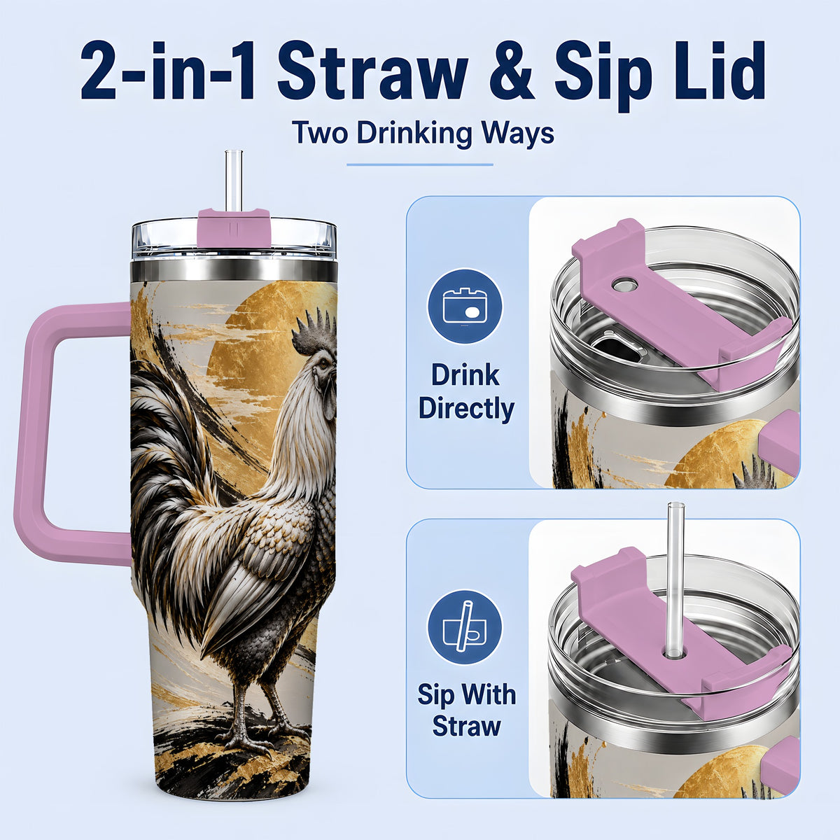 #pl[40oz|Pink] Black Gold Rooster 40oz Tumbler for Rooster Lovers