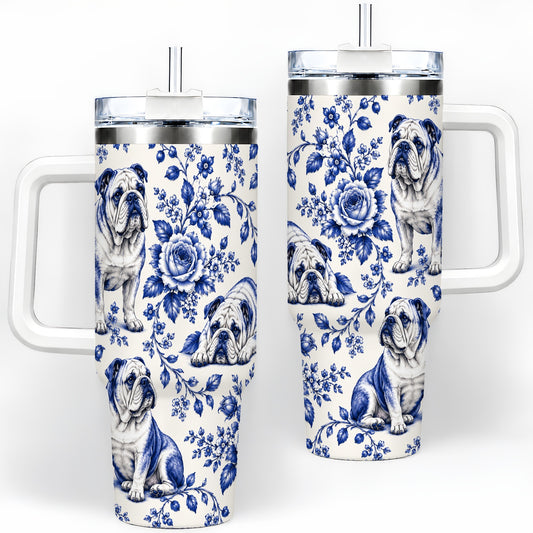 Blue Floral Bulldog 40oz Tumbler for Bulldog Lovers