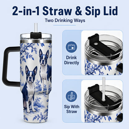 #pl[40oz|Black] Blue Floral Boston Terrier 40oz Tumbler for Dog Lovers