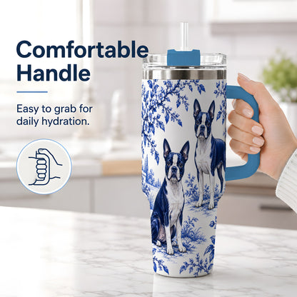 #pl[40oz|Blue] Blue Floral Boston Terrier 40oz Tumbler for Dog Lovers