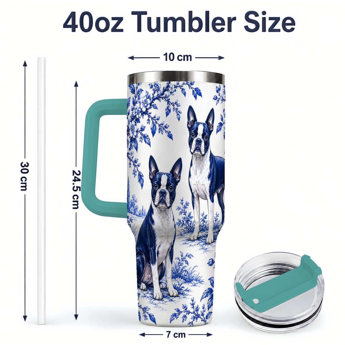 #pl[40oz|Green] Blue Floral Boston Terrier 40oz Tumbler for Dog Lovers