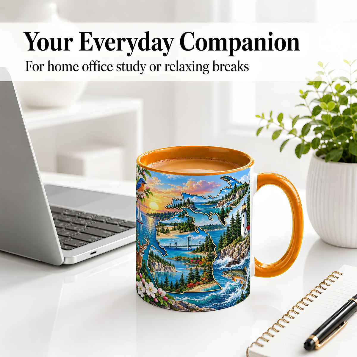 #pl[11oz|Orange] Michigan Great Lakes Ceramic Mug, Scenic State Art for Lake Lovers