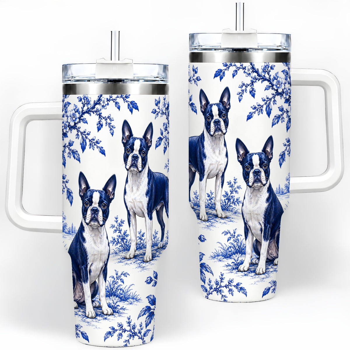 Blue Floral Boston Terrier 40oz Tumbler for Dog Lovers