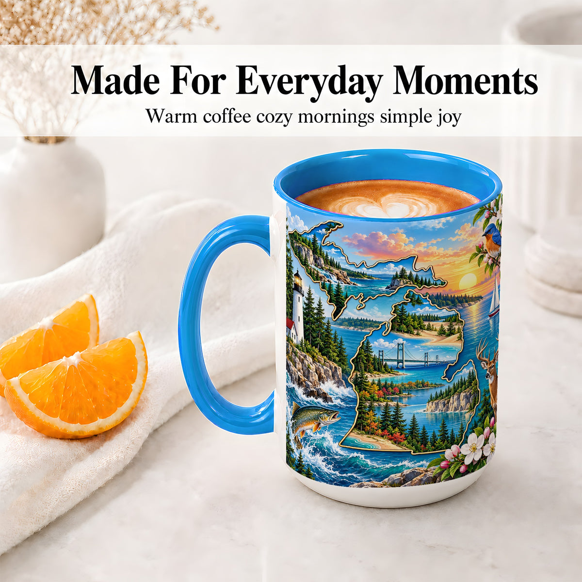 #pl[15oz|Blue] Michigan Great Lakes Ceramic Mug, Scenic State Art for Lake Lovers
