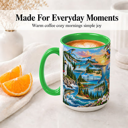 #pl[15oz|Green] Michigan Great Lakes Ceramic Mug, Scenic State Art for Lake Lovers