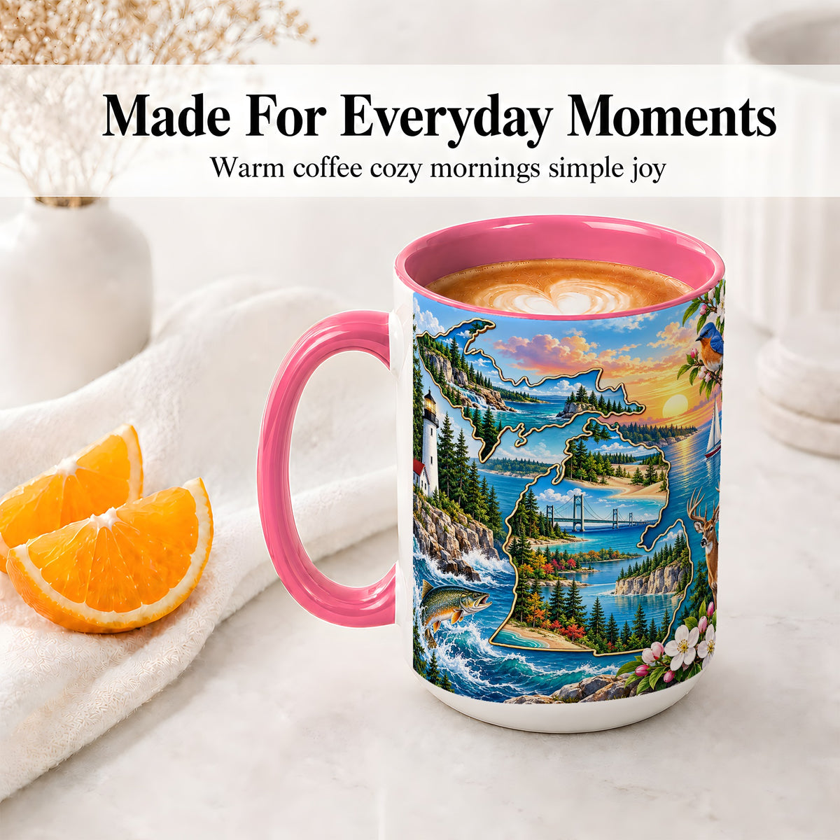 #pl[15oz|Pink] Michigan Great Lakes Ceramic Mug, Scenic State Art for Lake Lovers