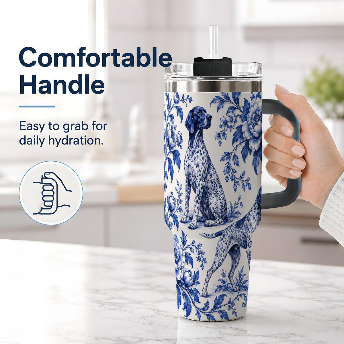 #pl[40oz|Black] Blue Floral Pointer Dog 40oz Tumbler for Dog Lovers