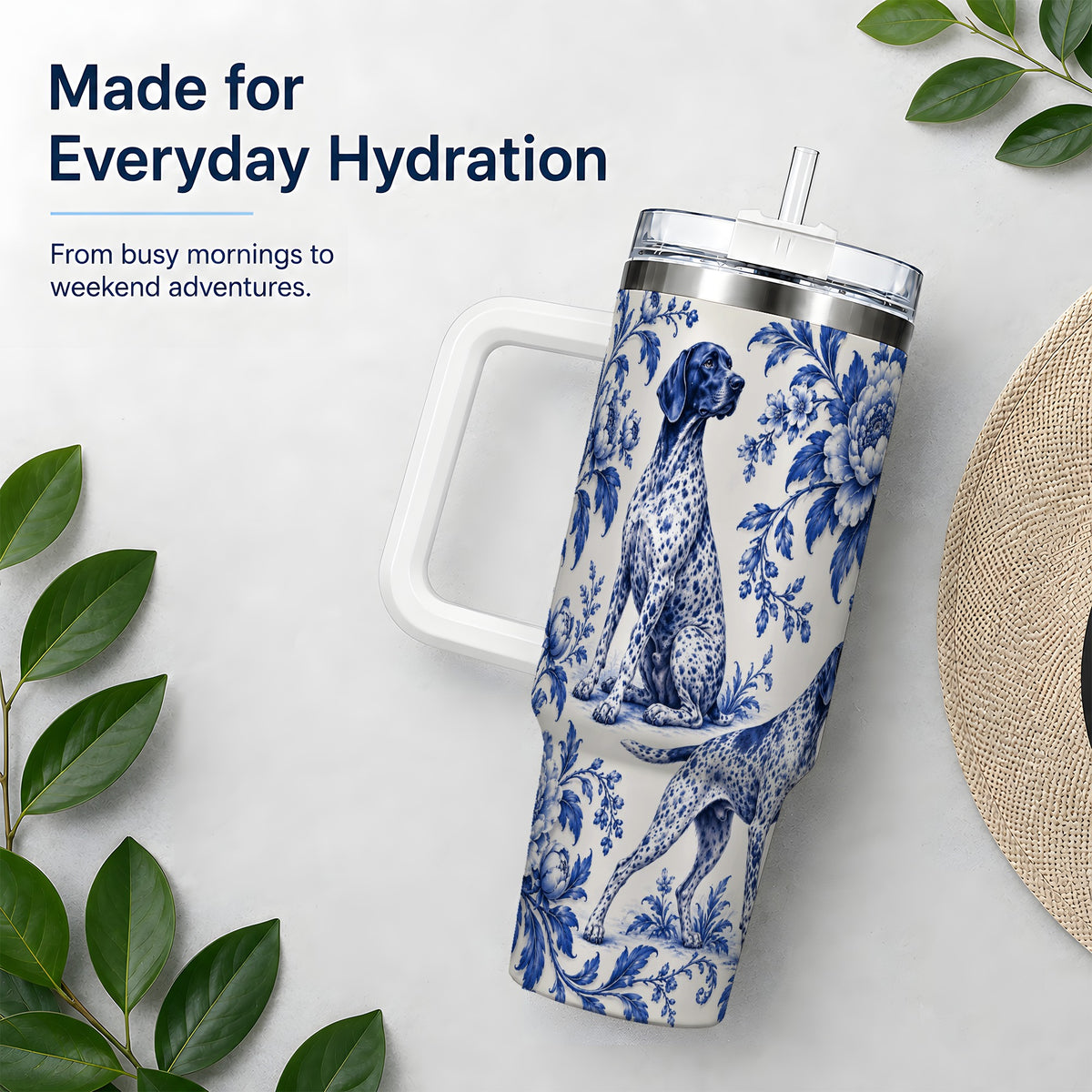 Blue Floral Pointer Dog 40oz Tumbler for Dog Lovers