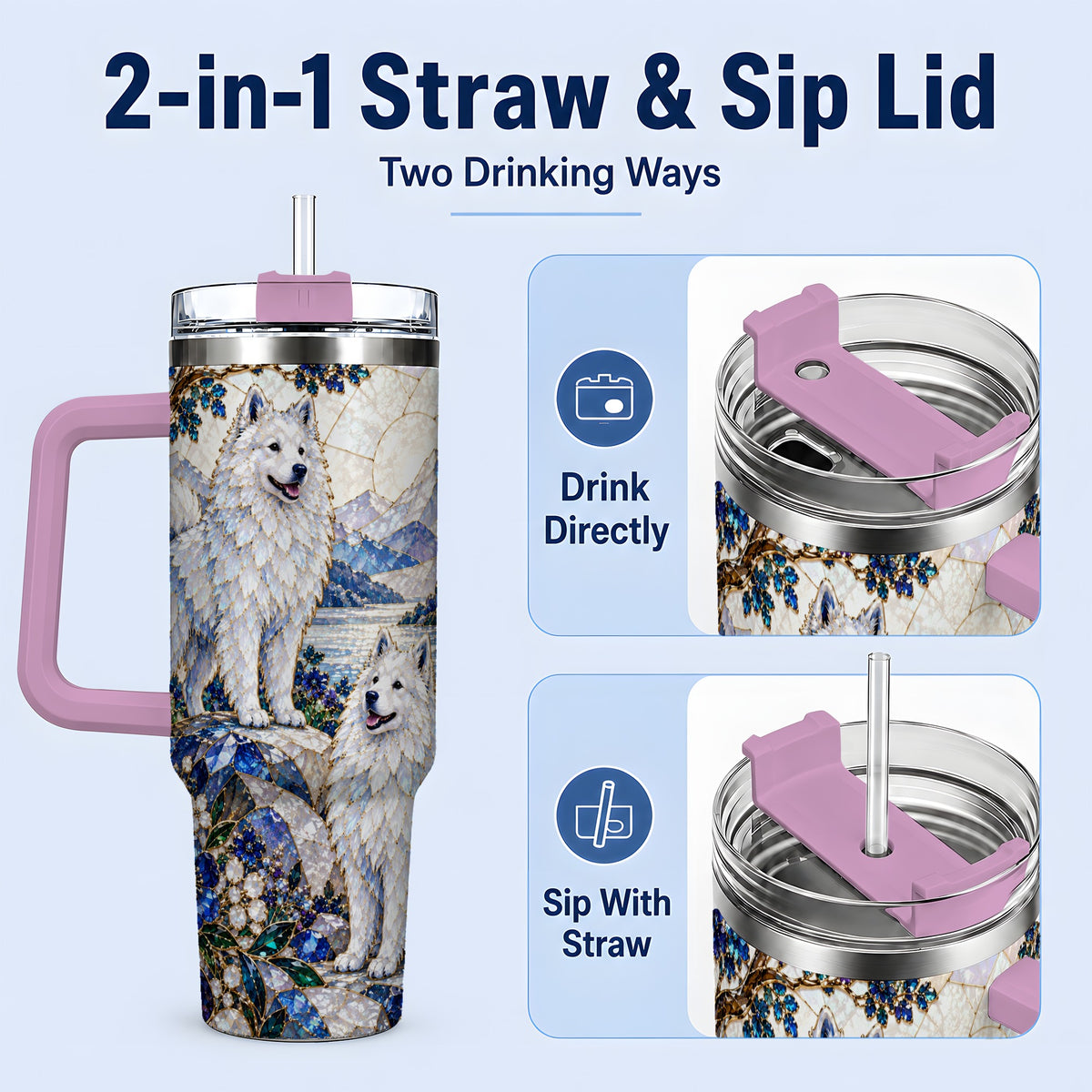 #pl[40oz|Pink] Scenic White Spitz Dog 40oz Tumbler for Dog Lovers