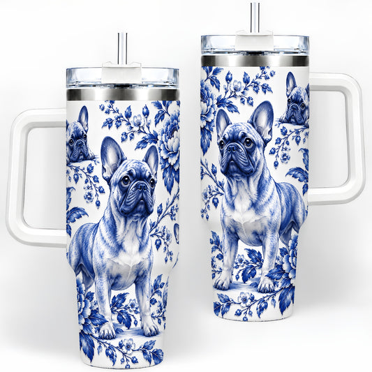 Blue Floral French Bulldog 40oz Tumbler for Dog Lovers