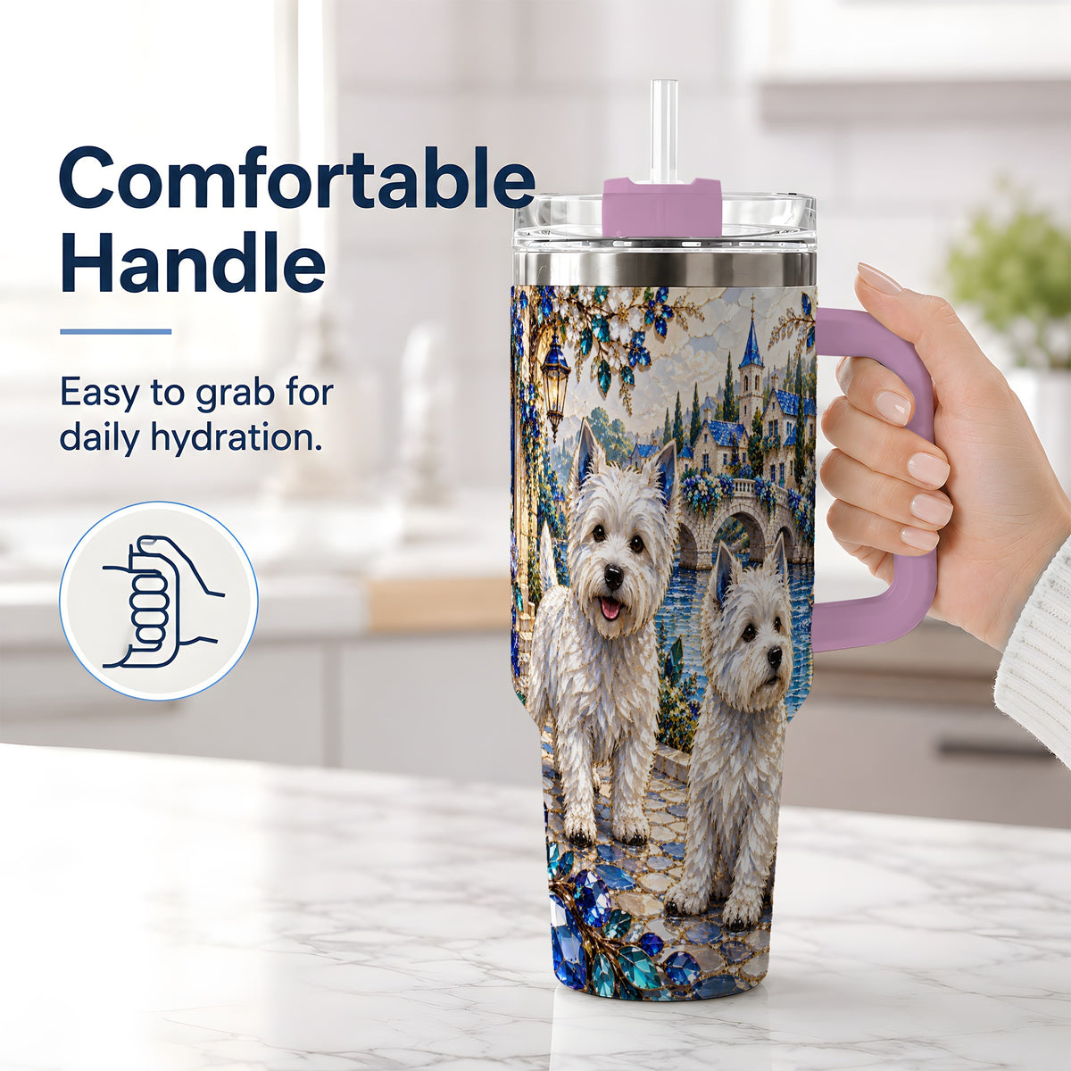 #pl[40oz|Pink] Blue Scenic White Terrier 40oz Tumbler for Dog Lovers