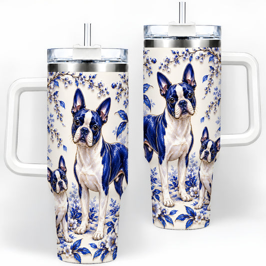 Boston Terrier Blue Botanical Art 40oz Tumbler for Dog Lovers