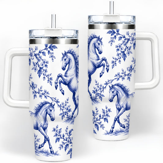 Blue Floral Horse Equestrian Art 40oz Tumbler for Horse Lovers