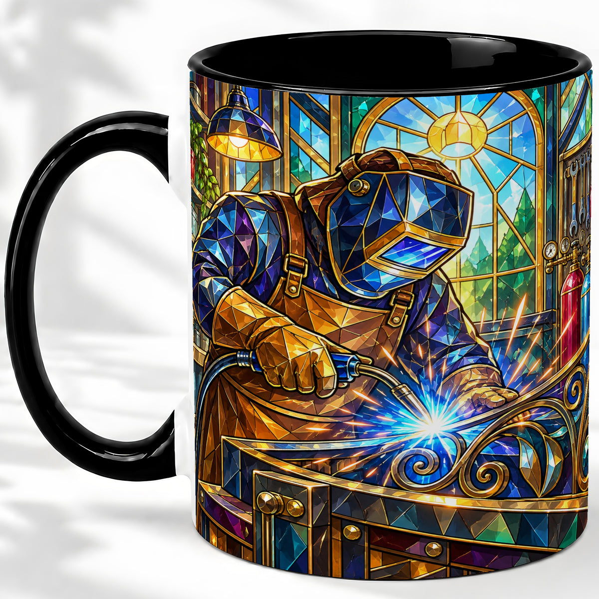 #pl[11oz|Black] Welding Workshop Ceramic Mug, Welder Sparks Art for Metalworkers