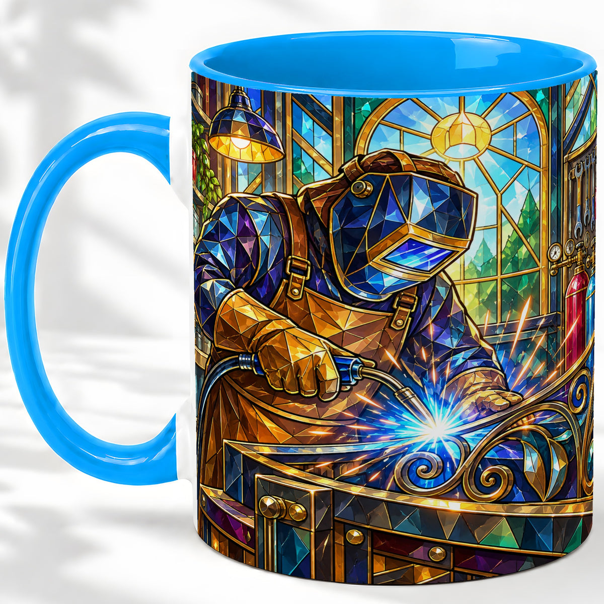 #pl[11oz|Blue] Welding Workshop Ceramic Mug, Welder Sparks Art for Metalworkers