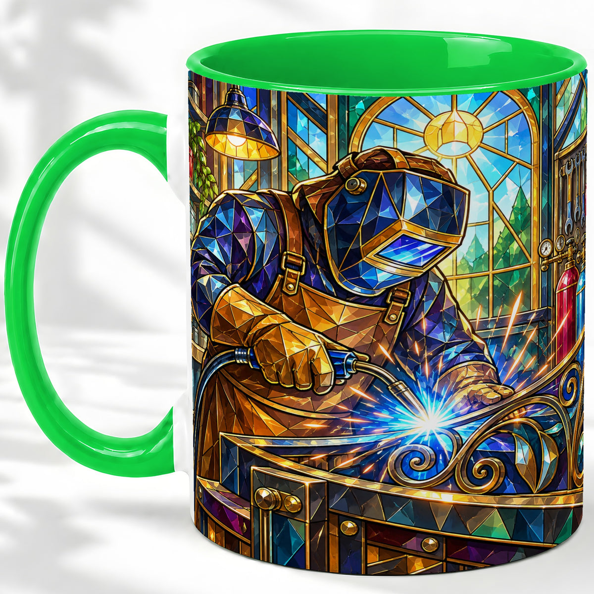 #pl[11oz|Green] Welding Workshop Ceramic Mug, Welder Sparks Art for Metalworkers