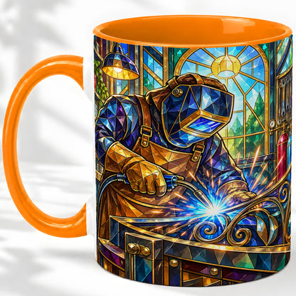 #pl[11oz|Orange] Welding Workshop Ceramic Mug, Welder Sparks Art for Metalworkers