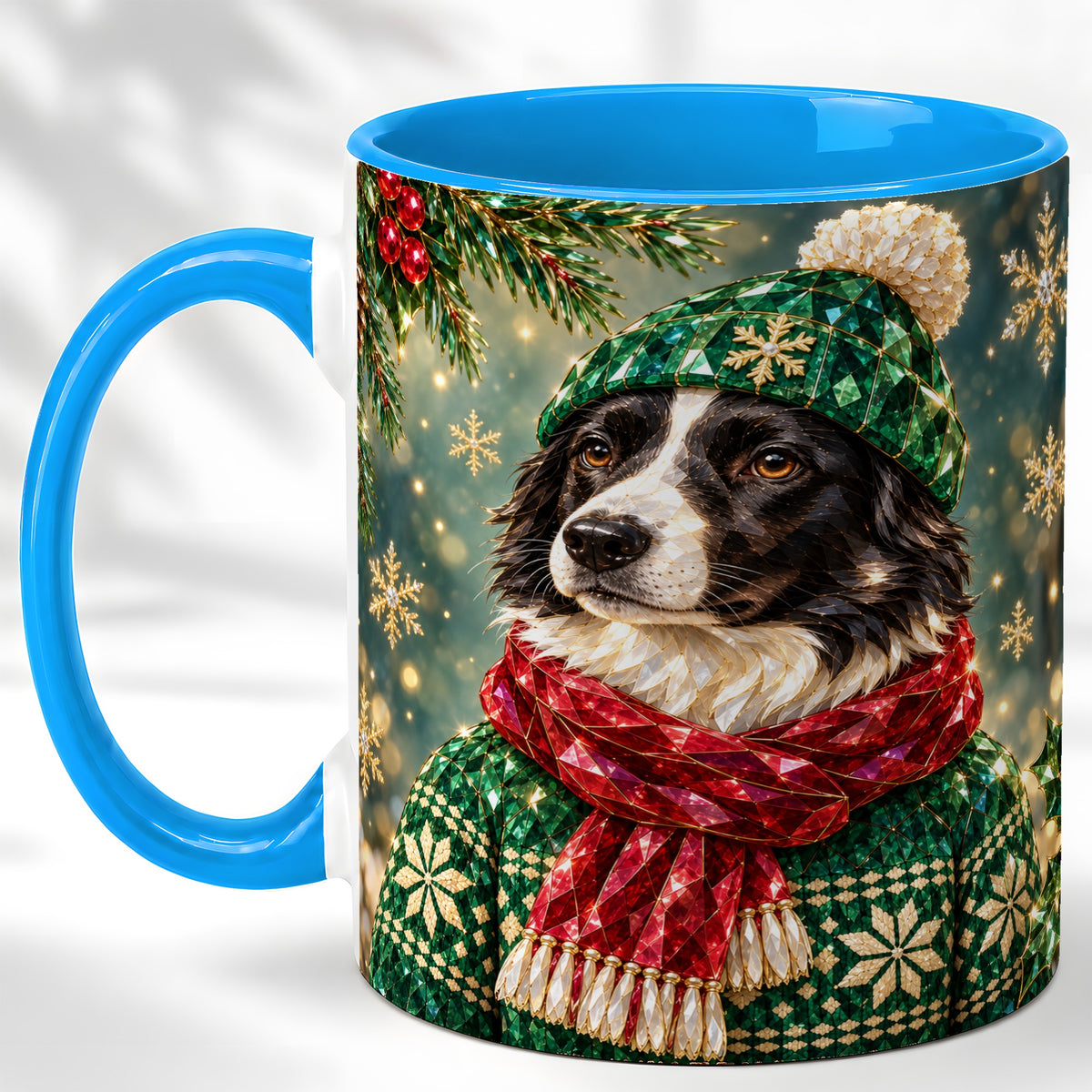 #pl[11oz|Blue] Christmas Border Collie Coffee Mug, Winter Dog Mug, Ceramic Cup