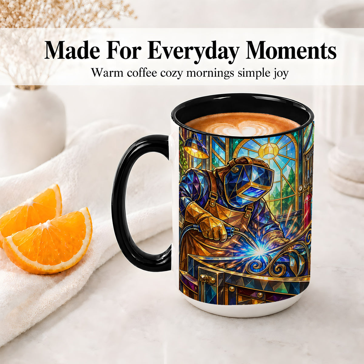 #pl[15oz|Black] Welding Workshop Ceramic Mug, Welder Sparks Art for Metalworkers