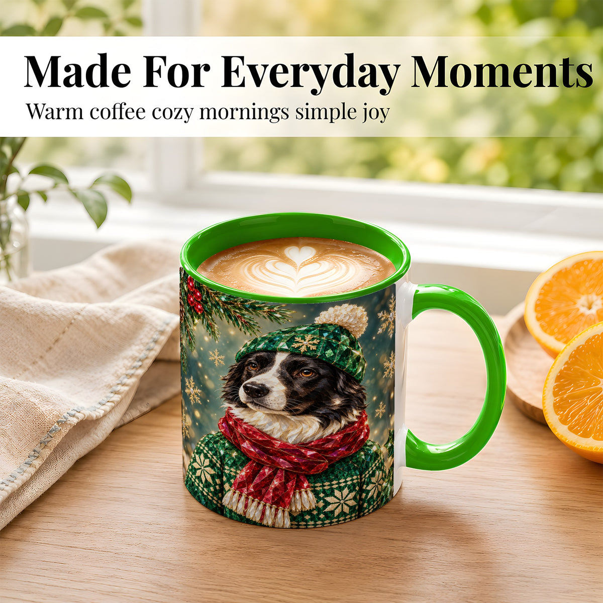#pl[11oz|Green] Christmas Border Collie Coffee Mug, Winter Dog Mug, Ceramic Cup