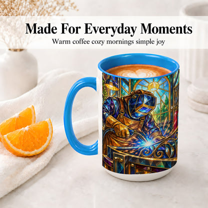 #pl[15oz|Blue] Welding Workshop Ceramic Mug, Welder Sparks Art for Metalworkers