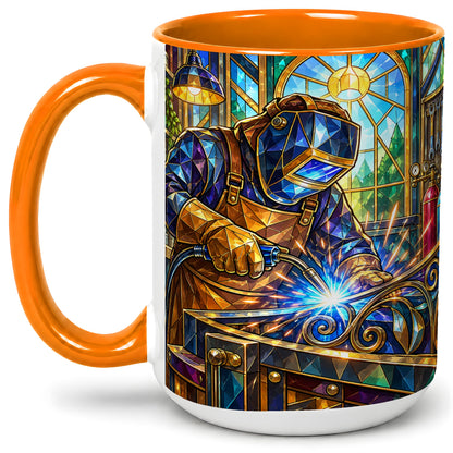 #pl[15oz|Orange] Welding Workshop Ceramic Mug, Welder Sparks Art for Metalworkers