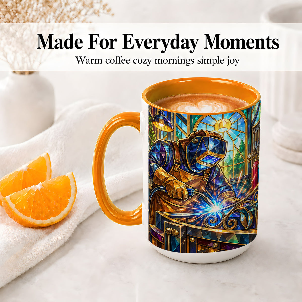 #pl[15oz|Orange] Welding Workshop Ceramic Mug, Welder Sparks Art for Metalworkers