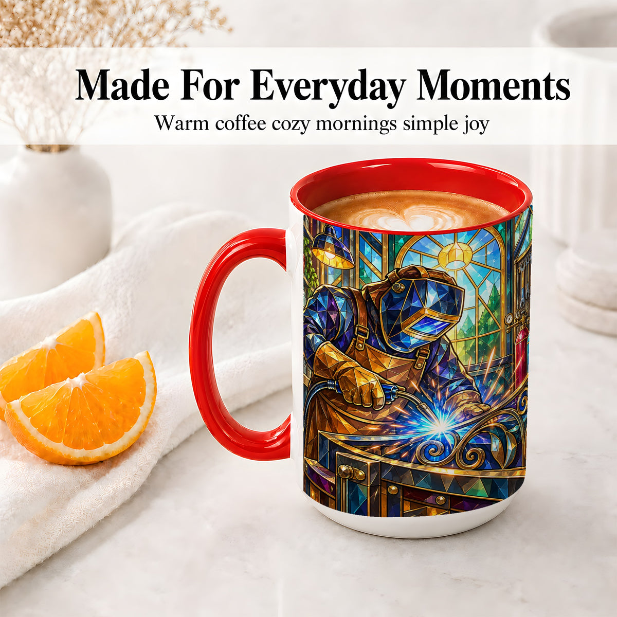 #pl[15oz|Red] Welding Workshop Ceramic Mug, Welder Sparks Art for Metalworkers