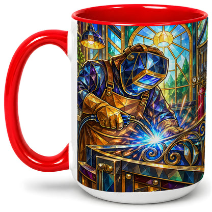 #pl[15oz|Red] Welding Workshop Ceramic Mug, Welder Sparks Art for Metalworkers