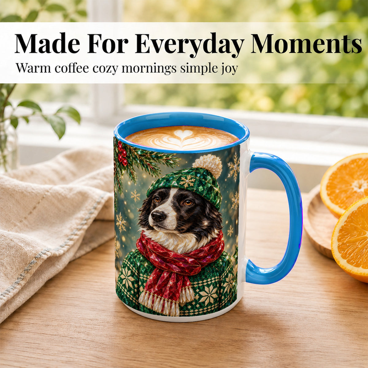 #pl[15oz|Blue] Christmas Border Collie Coffee Mug, Winter Dog Mug, Ceramic Cup