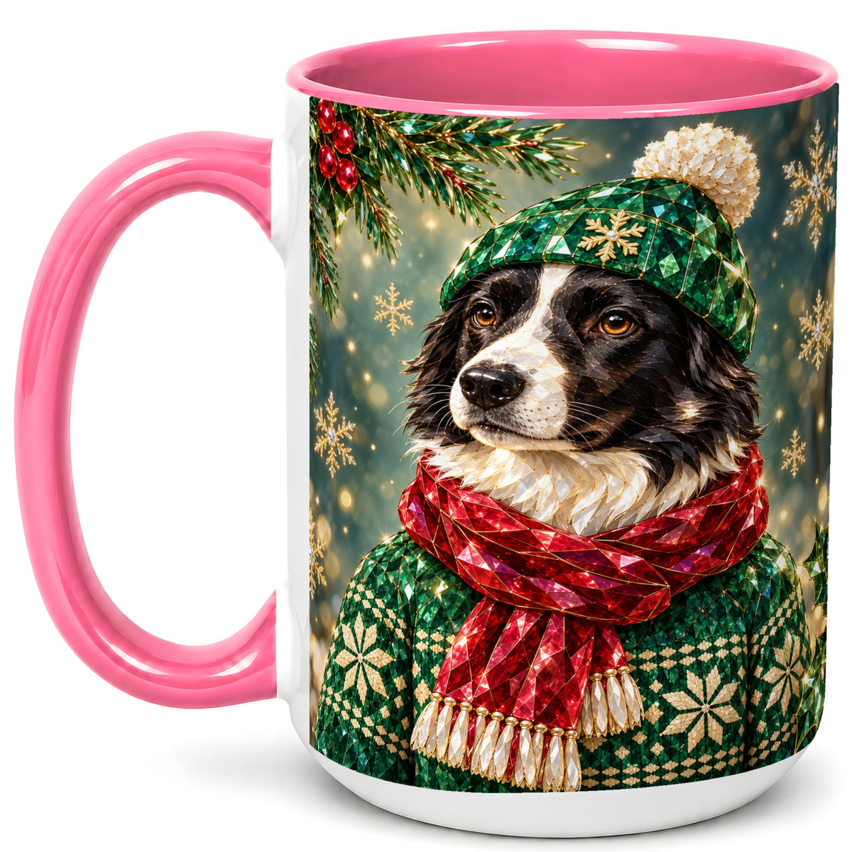 #pl[15oz|Pink] Christmas Border Collie Coffee Mug, Winter Dog Mug, Ceramic Cup