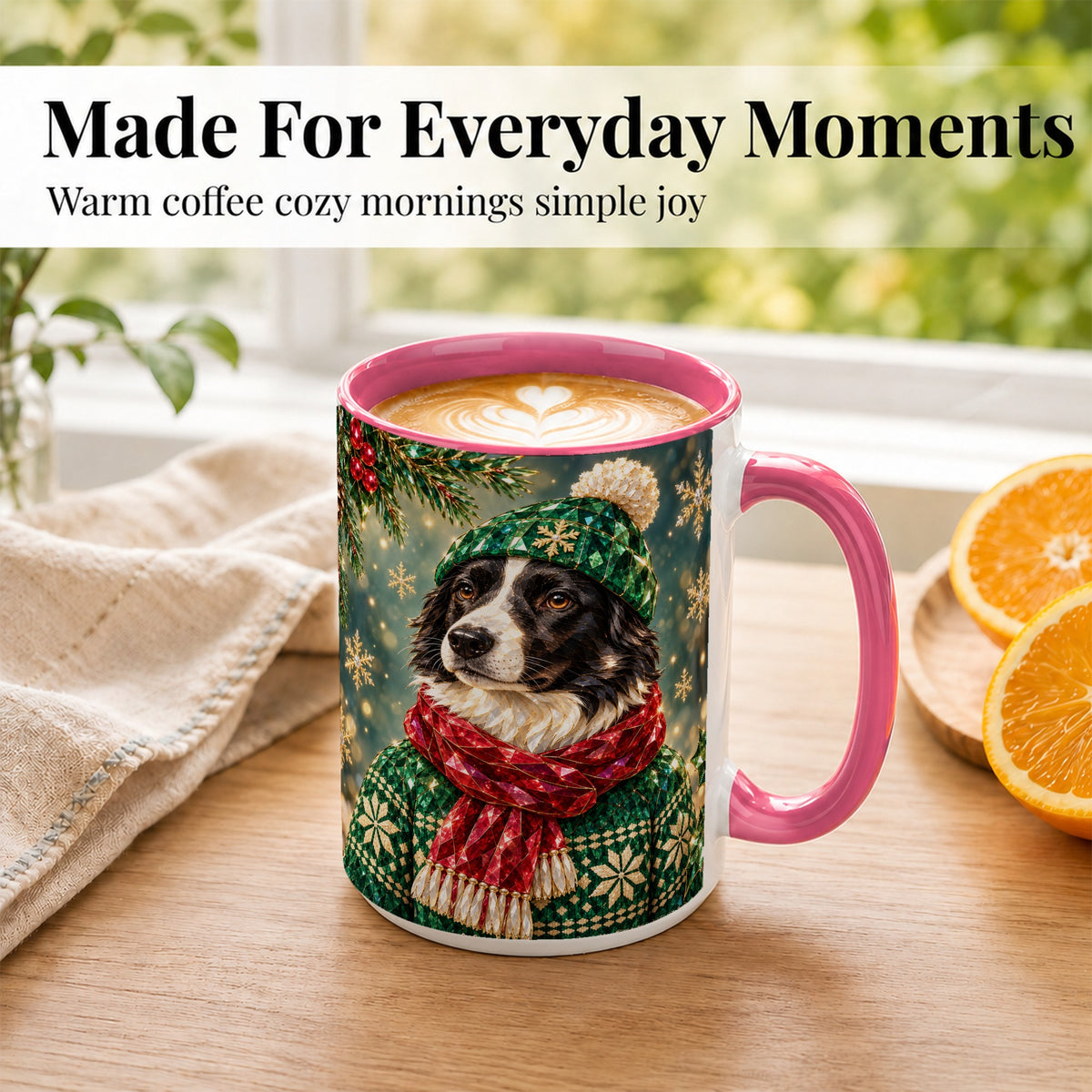 #pl[15oz|Pink] Christmas Border Collie Coffee Mug, Winter Dog Mug, Ceramic Cup