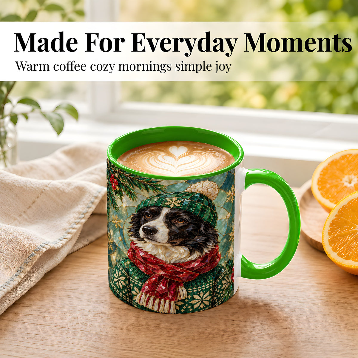 #pl[11oz|Green] Stained Glass Border Collie Coffee Mug, Christmas Dog Mug, Ceramic Cup