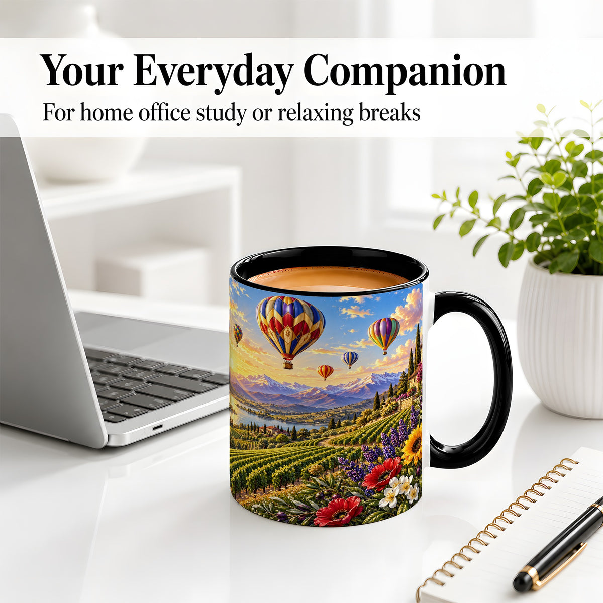 #pl[11oz|Black] Hot Air Balloon Ceramic Mug with Vineyard Landscape for Travel Lovers