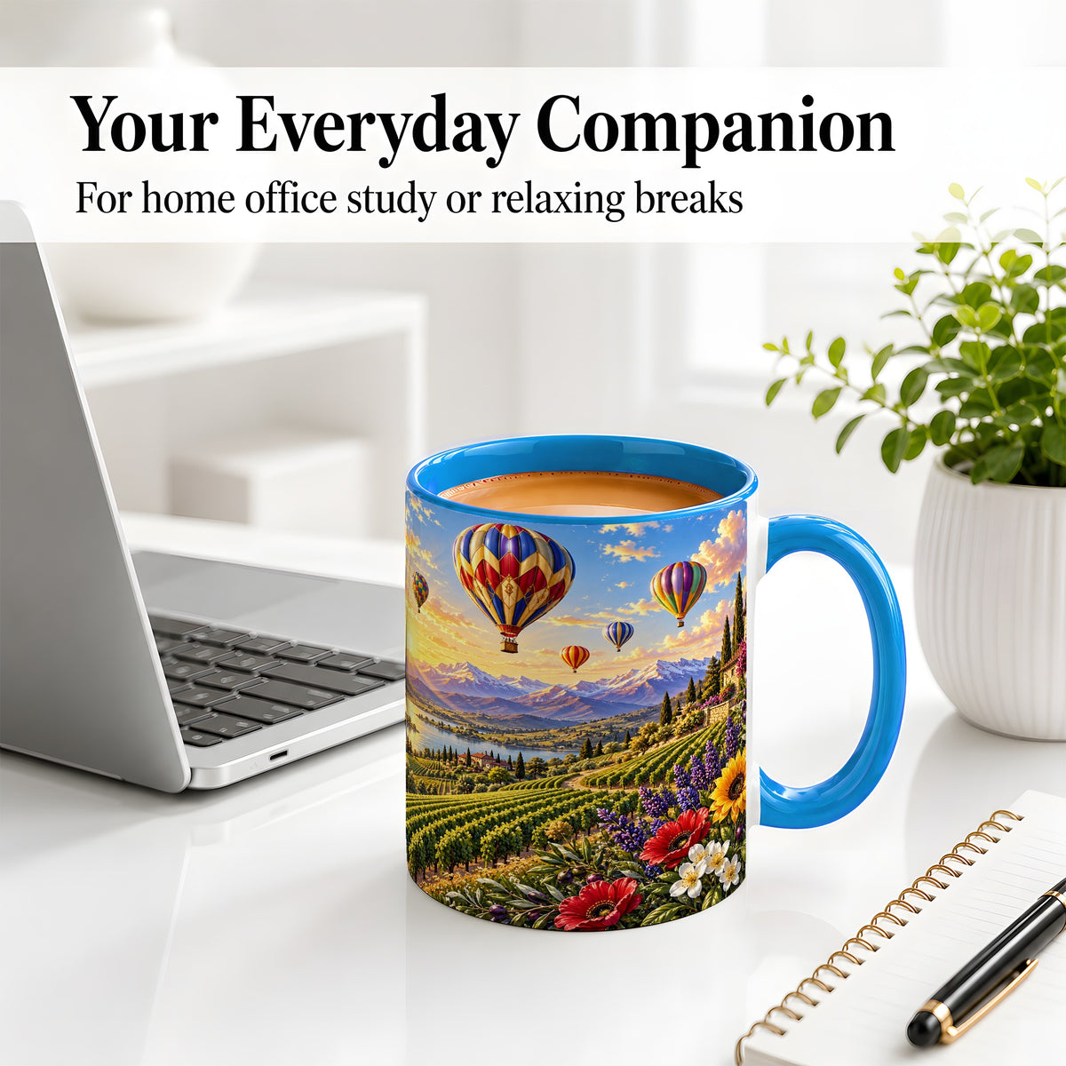#pl[11oz|Blue] Hot Air Balloon Ceramic Mug with Vineyard Landscape for Travel Lovers