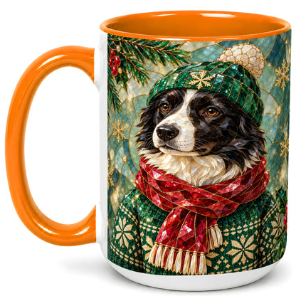 #pl[15oz|Orange] Stained Glass Border Collie Coffee Mug, Christmas Dog Mug, Ceramic Cup