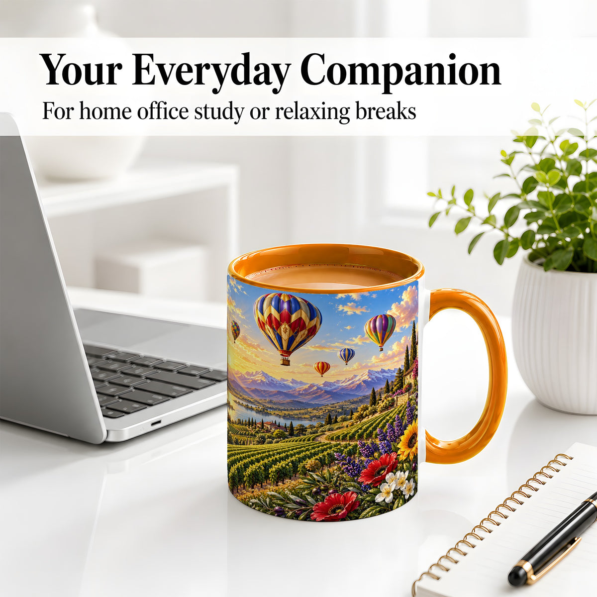 #pl[11oz|Orange] Hot Air Balloon Ceramic Mug with Vineyard Landscape for Travel Lovers