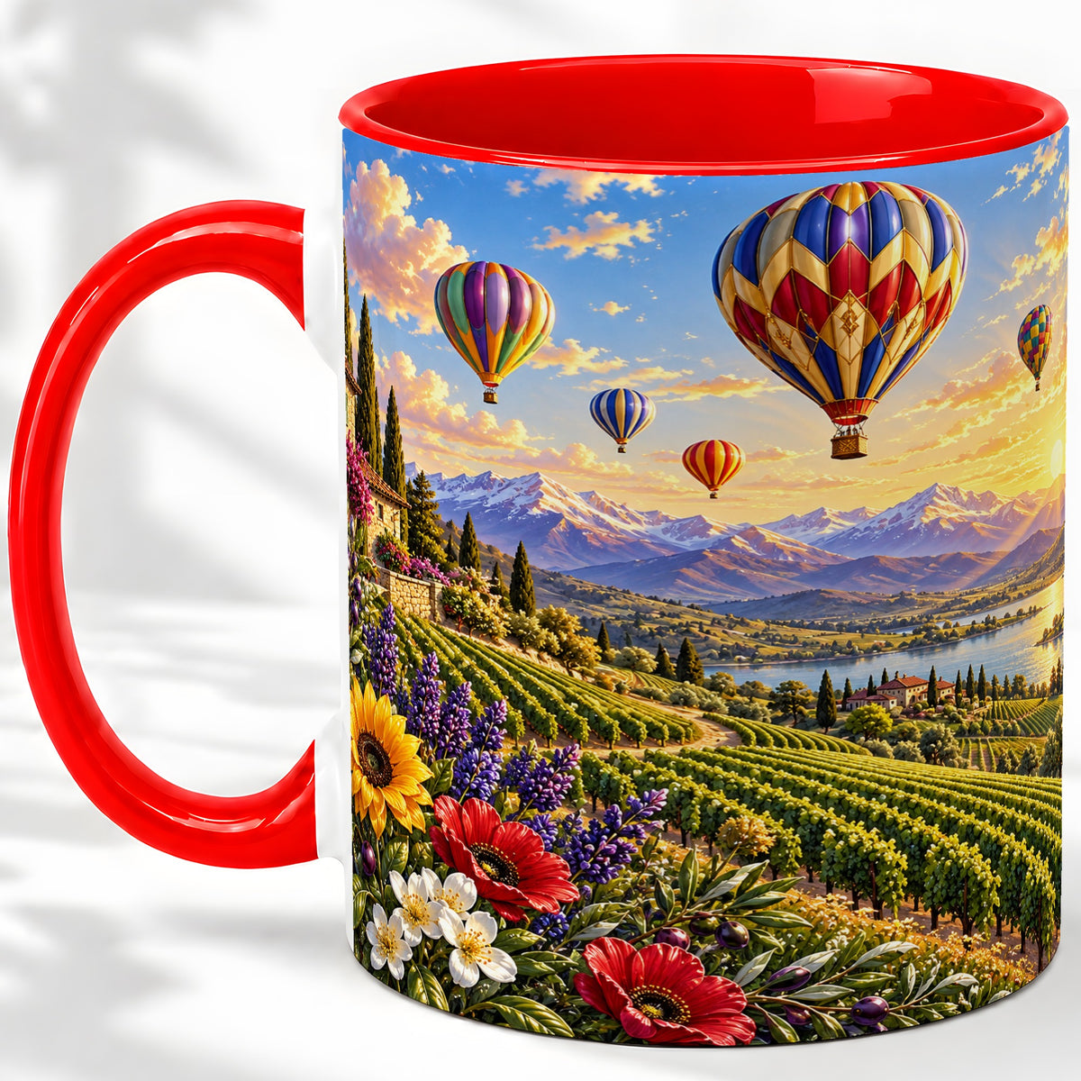 Hot Air Balloon Ceramic Mug with Vineyard Landscape for Travel Lovers