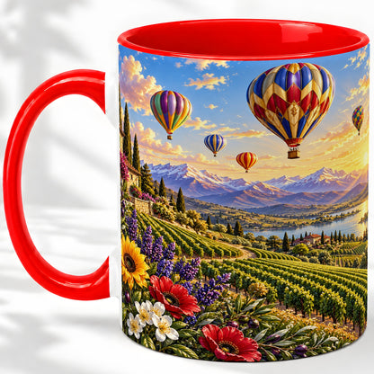 Hot Air Balloon Ceramic Mug with Vineyard Landscape for Travel Lovers