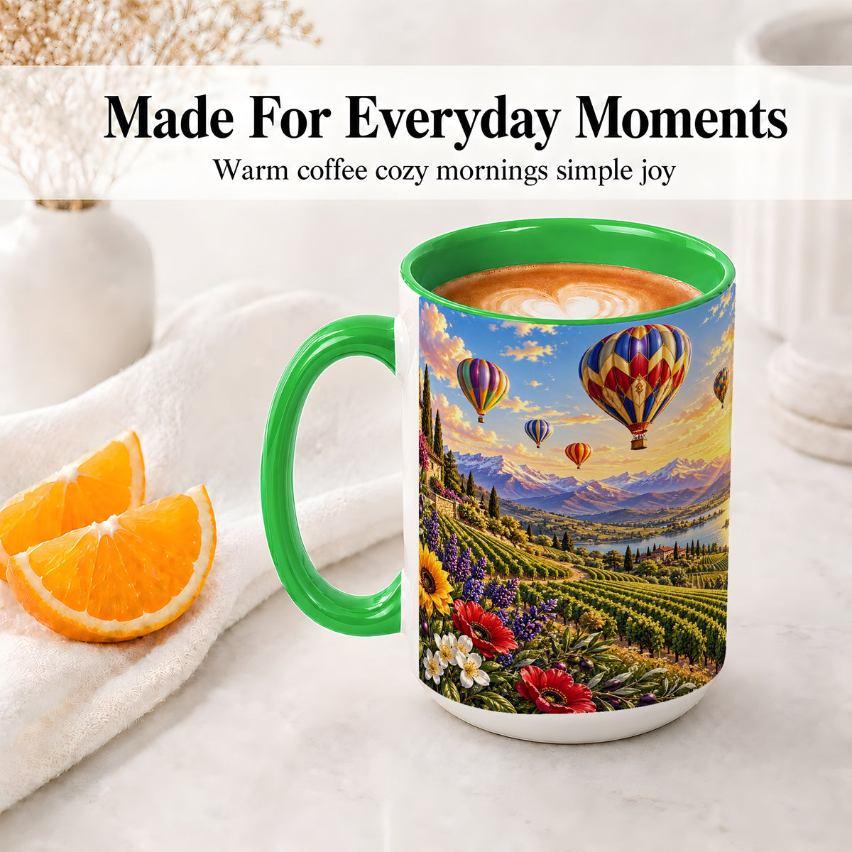 #pl[15oz|Green] Hot Air Balloon Ceramic Mug with Vineyard Landscape for Travel Lovers