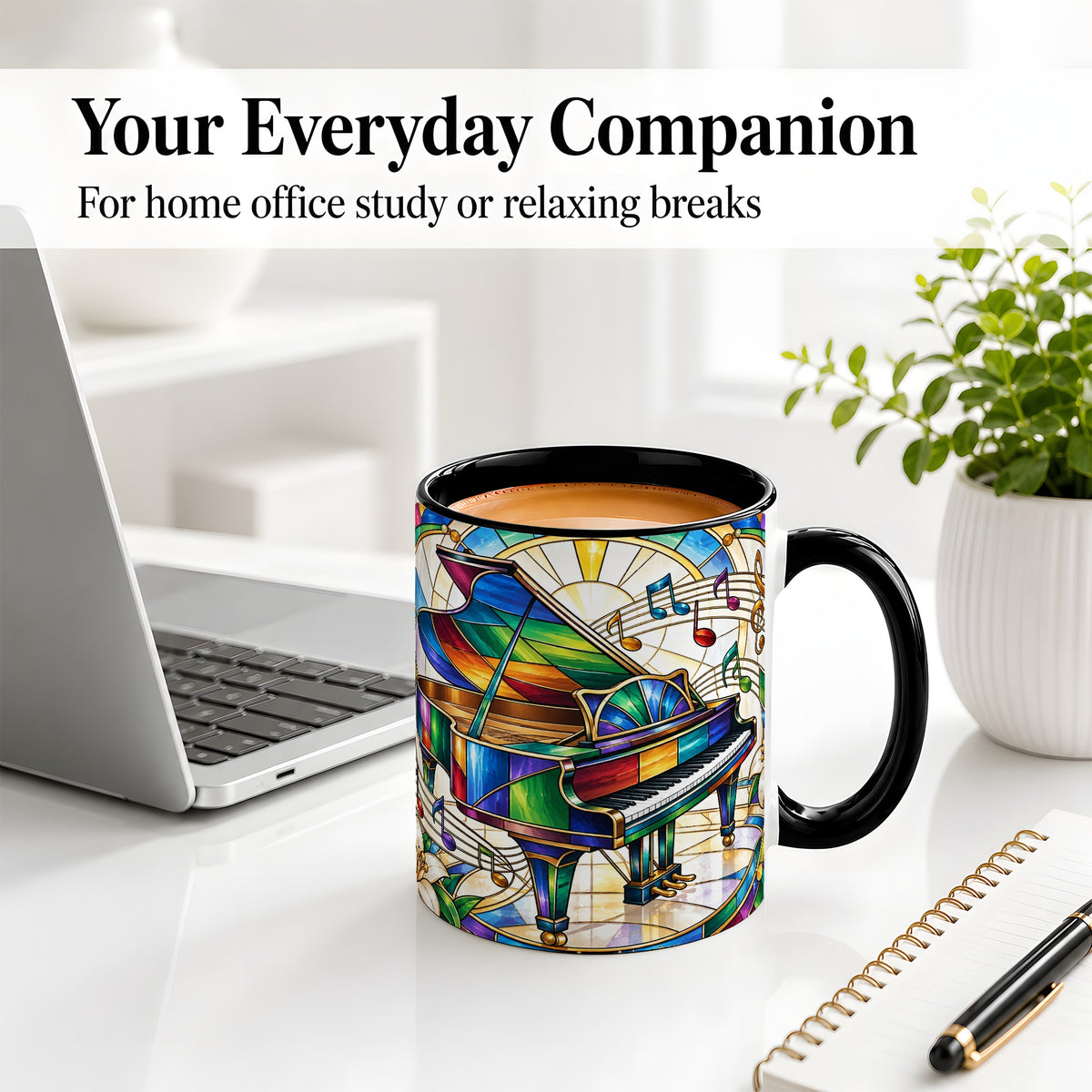 #pl[11oz|Black] Stained Glass Piano Ceramic Mug with Music Notes for Music Lovers