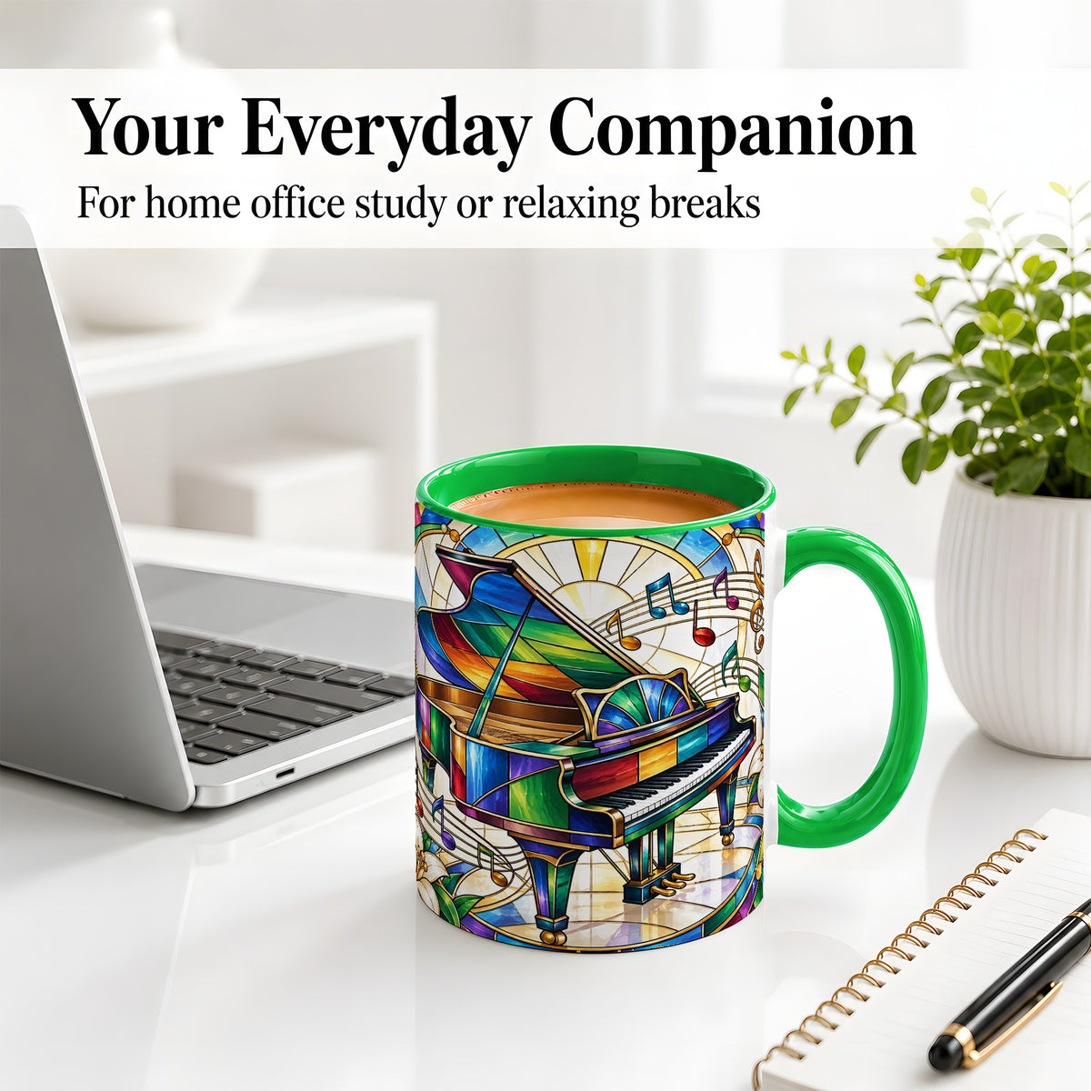 #pl[11oz|Green] Stained Glass Piano Ceramic Mug with Music Notes for Music Lovers