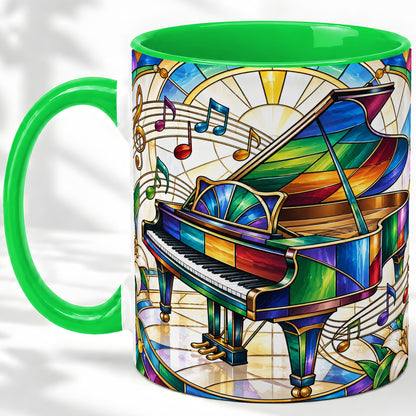 #pl[11oz|Green] Stained Glass Piano Ceramic Mug with Music Notes for Music Lovers