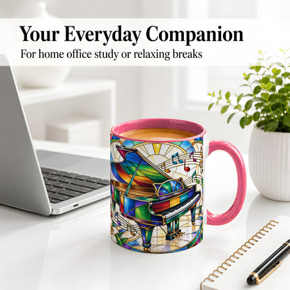 #pl[11oz|Pink] Stained Glass Piano Ceramic Mug with Music Notes for Music Lovers