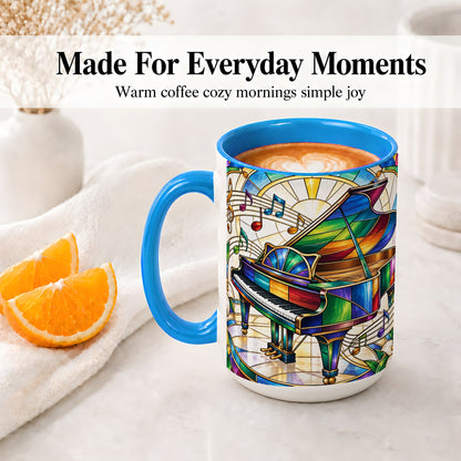 #pl[15oz|Blue] Stained Glass Piano Ceramic Mug with Music Notes for Music Lovers