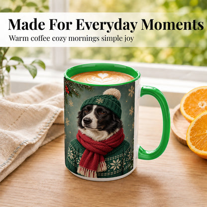 #pl[15oz|Green] Christmas Border Collie Coffee Mug, Cozy Sweater Dog Mug, Ceramic Cup