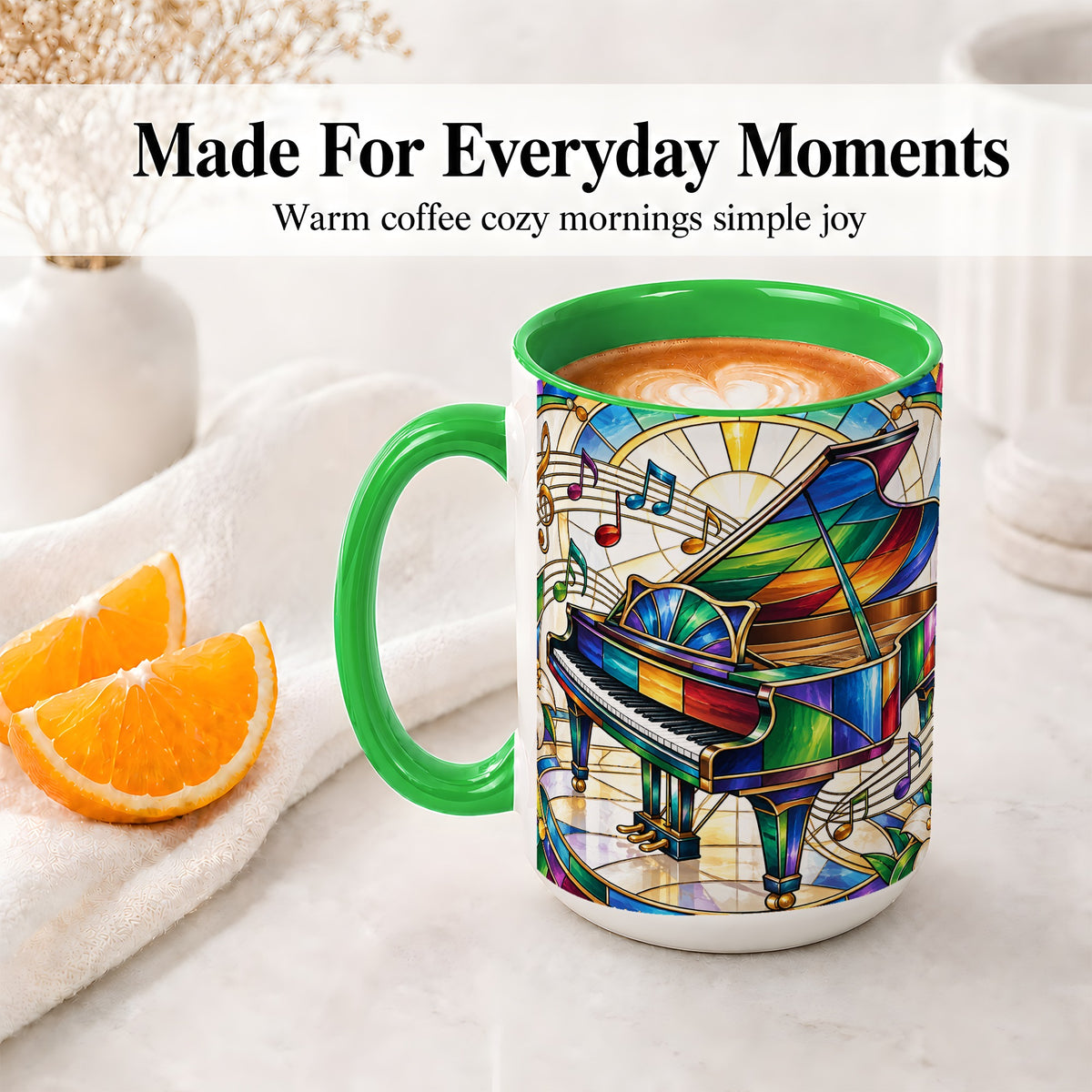 #pl[15oz|Green] Stained Glass Piano Ceramic Mug with Music Notes for Music Lovers